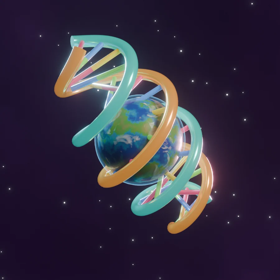 A double helix of DNA wound around a living planet